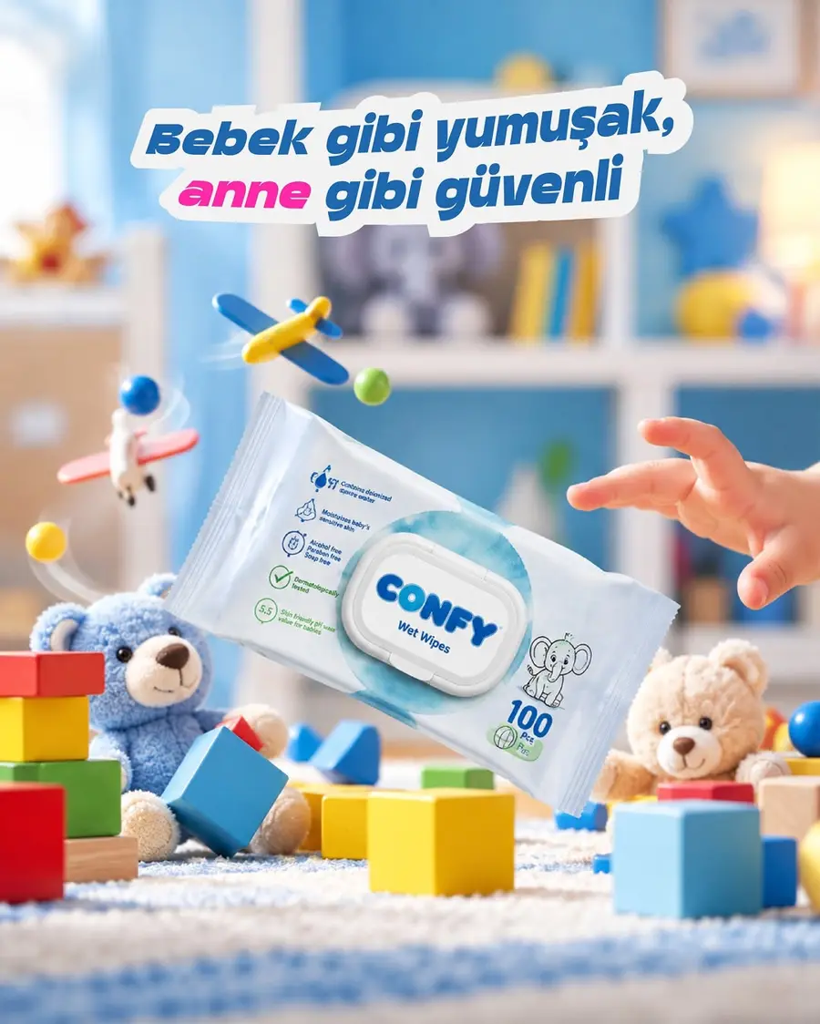 Confy 100'lü ıslak mendil paketiyle oynayan bebek