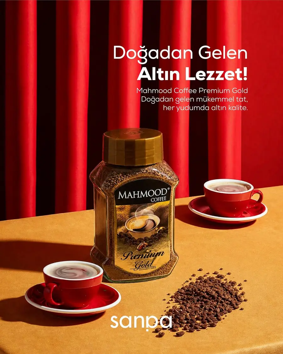 Mahmood Coffee Premium Gold kavanozu ve kahve fincanları